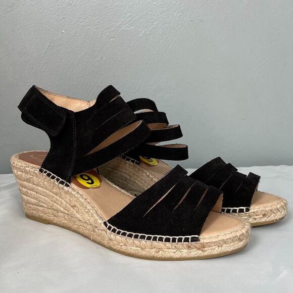 Kanna Made in Spain Espadrilles Size 9 Black Wedge Heels Jute Sandal Ankle Strap - Picture 1 of 11